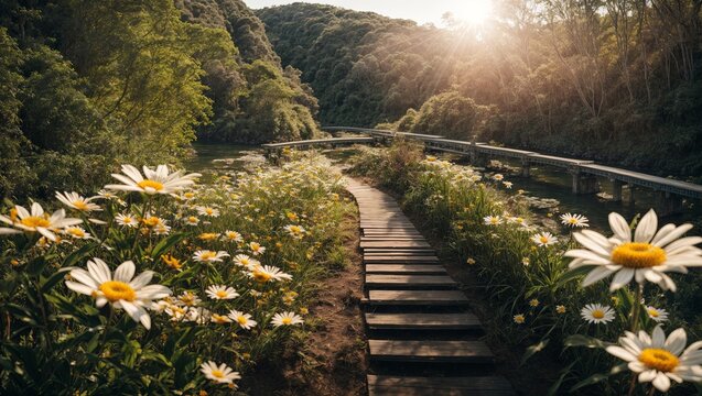 Forest Road, Flowers accompany the sunlight and the magnificent view. Nature and forest image.