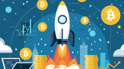 Fototapeta na wymiar Bitcoin flying on rocket ship. Bitcoin going up, cryptocurrency growth concept