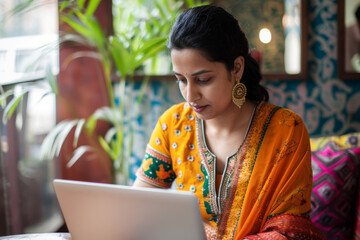 Portrait of a beautiful young indian woman with curly hair sitting at a table in a cafe with a laptop