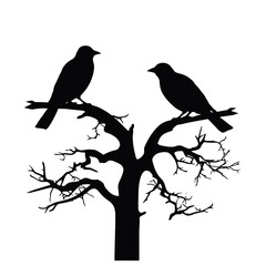 Birds on branch tree silhouette in black color. Vector template for tattoo or laser cutting.