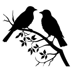 Birds on branch tree silhouette in black color. Vector template for tattoo or laser cutting.