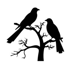 Birds on branch tree silhouette in black color. Vector template for tattoo or laser cutting.