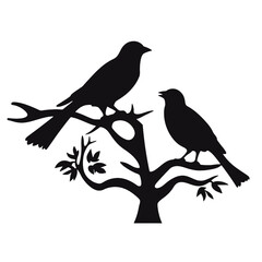 Birds on branch tree silhouette in black color. Vector template for tattoo or laser cutting.