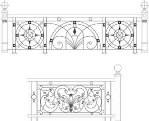 vector sketch illustration of old classic wrought iron fence railing design, vintage floral ornament