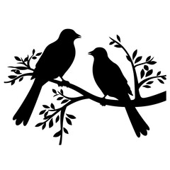 Birds on branch tree silhouette in black color. Vector template for tattoo or laser cutting.