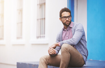 Man, fashion and confident in city with glasses, black frame for style with chic outfit and pride....