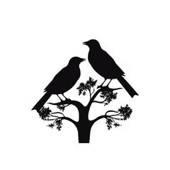 Birds on branch tree silhouette in black color. Vector template for tattoo or laser cutting.