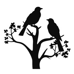 Fototapeta premium Birds on branch tree silhouette in black color. Vector template for tattoo or laser cutting.