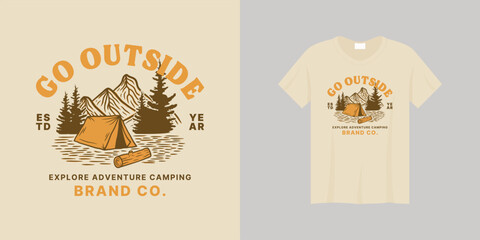 Vintage mountain camping outdoor illustration. Vector design suitable for print and apparel.
