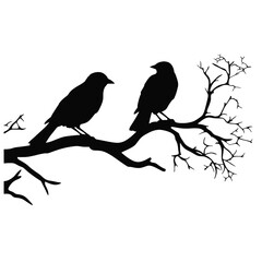 Birds on branch tree silhouette in black color. Vector template for tattoo or laser cutting.