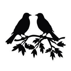 Birds on branch tree silhouette in black color. Vector template for tattoo or laser cutting.