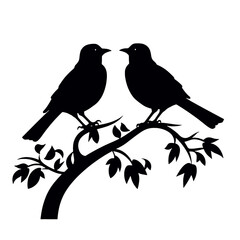 Birds on branch tree silhouette in black color. Vector template for tattoo or laser cutting.