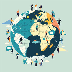 Global business people connecting earth jigsaw puzz