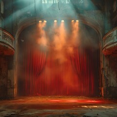 Abandoned theater with red curtains and dramatic lighting. mystical and atmospheric urban decay. empty stage awaiting performance. vintage architecture. generative AI - obrazy, fototapety, plakaty