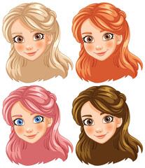 Four cartoon girl faces with different hairstyles