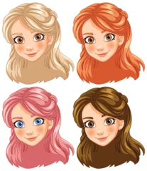 Foto op Aluminium Kinderen Four cartoon girl faces with different hairstyles