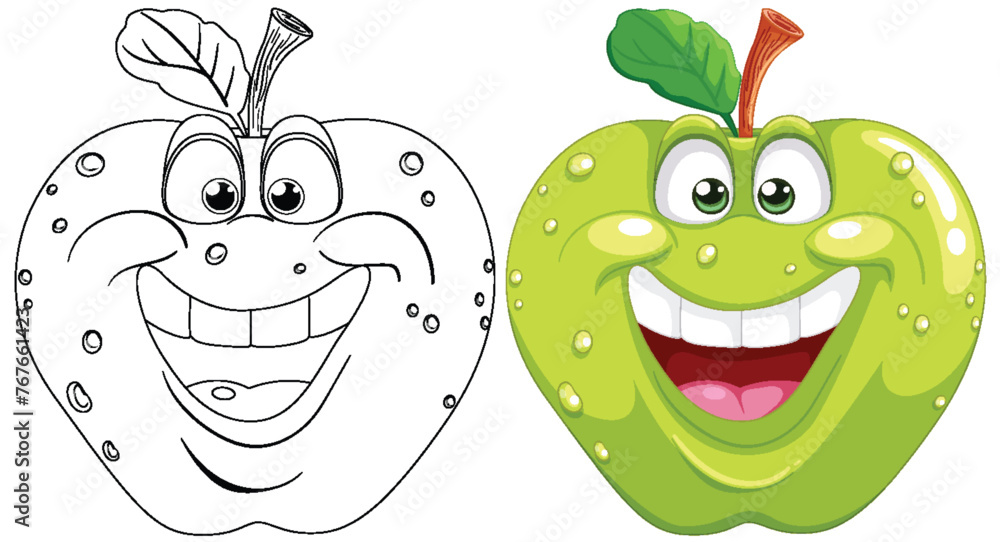 Wall mural Colorful and black-and-white smiling apple illustrations. - Wall murals