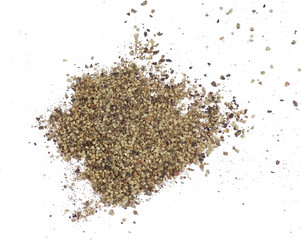 Spice of black pepper isolated. Ground black pepper flakes isolated. Heap of ground black pepper