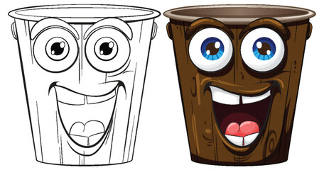 Two smiling coffee cups, one colored, one outlined.
