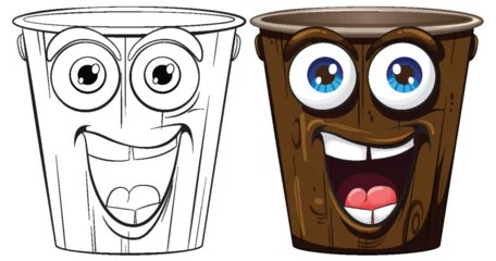 Papier Peint photo autocollant Enfants Two smiling coffee cups, one colored, one outlined.
