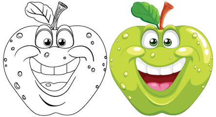 Colorful and black-and-white smiling apple illustrations.