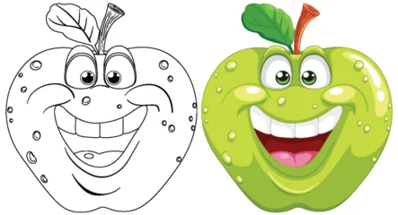 Crédence de cuisine en verre imprimé Enfants Colorful and black-and-white smiling apple illustrations.