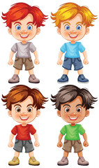 Four cheerful cartoon boys standing and smiling.