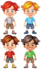Poster de jardin Enfants Four cheerful cartoon boys standing and smiling.