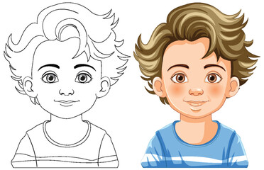 Vector illustration of a boy's face, before and after coloring