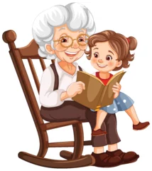 Poster de jardin Enfants Elderly woman and child enjoying a book together
