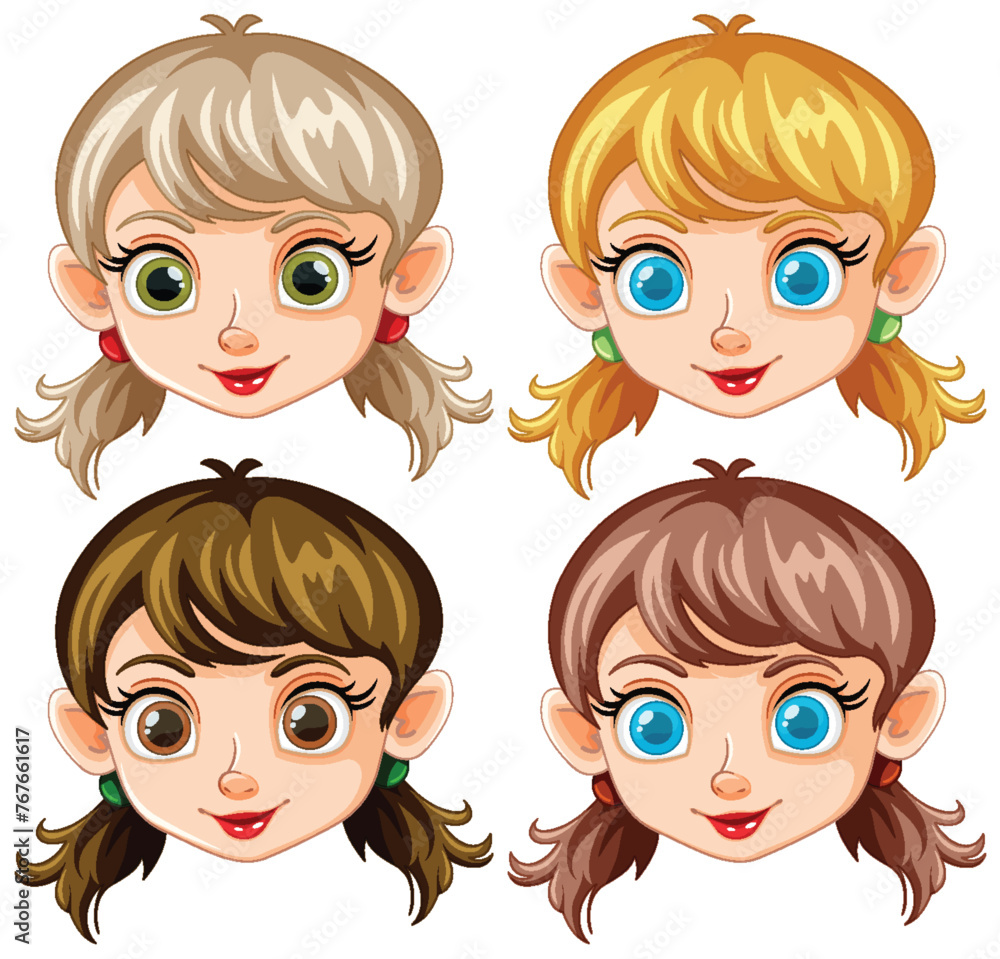 Poster Four cartoon female faces with different hairstyles.