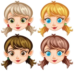Crédence de cuisine en verre imprimé Enfants Four cartoon female faces with different hairstyles.