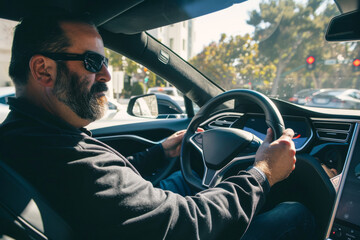 A charismatic man in his 40s, exuding charm, drives his car in Silicon Valley. Juggling driving and dictating notes, he embodies the essence of innovation.