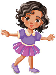 Cheerful young girl in purple dress dancing.