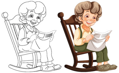 Colorful and line art illustrations of a content elderly woman.