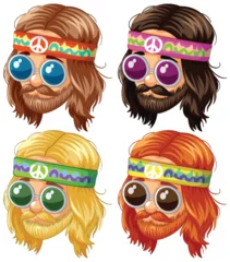 Poster de jardin Enfants Four hipster beards with vibrant peace sunglasses.