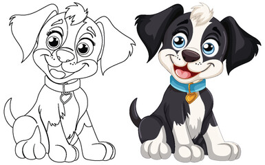 Two cartoon dogs smiling, one colored and one outlined.
