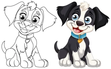 Photo sur Plexiglas Enfants Two cartoon dogs smiling, one colored and one outlined.
