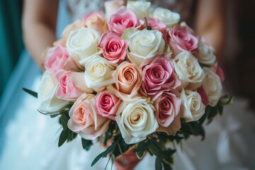 The bride in a white wedding dress holds a wedding bouquet. The bouquet consists of white, pink, purple roses, eucalyptus leaves, and pink berries