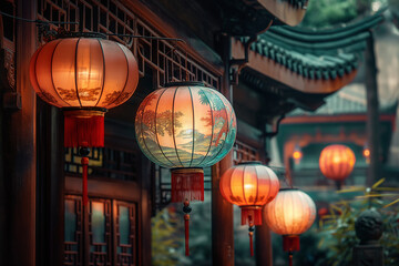 traditional Chinese lanterns with calligraphy are displayed throughout the Chinese courtyard on the eve of Chinese new year