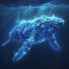 Artistic depiction of a bowhead whale, glowing with vitality, symbolizing its remarkable DNA repair...