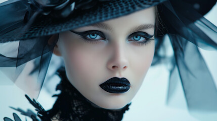 Studio fashion portrait, monochrome palette, model's icy blue look and jet black outfit, glossy black lips.