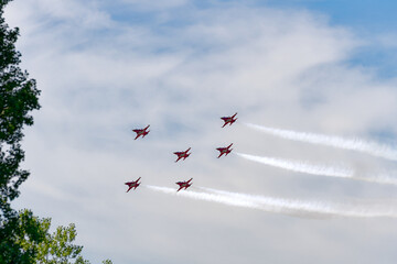 Patrouille Suisse doing aerobatics at Swiss Army exhibition at training ground of Swiss City of Kloten on a sunny summer day. Photo taken August 18th, 2023, Zurich Kloten, Switzerland.