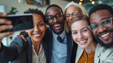 Multiracial group of cheerful business seminar attendees taking selfie in conference hall and looking at camera - obrazy, fototapety, plakaty