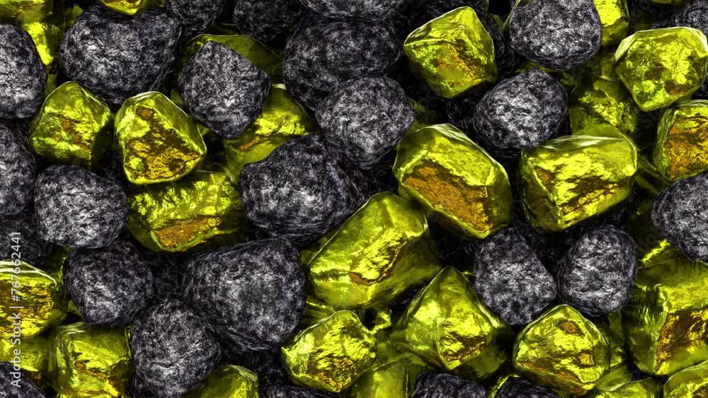 Aufkleber realistic 3d animation of the shining precious gold nuggets and granite rocks falling from the top f