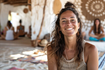 Portrait of a happy and smiling yoga teacher on Ibiza island, holding cacao drink in ceramic cup. Blurred people in the background - Powered by Adobe