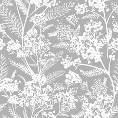 Seamless pattern with white flowers - Achillea Millefolium isolated on the gray background. Hand-drawn illustrations of wildflowers.  © Yulia Ogneva