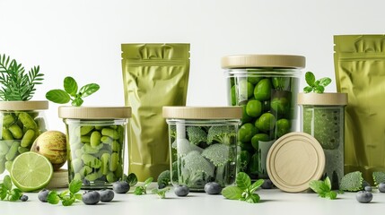 a collection of empty green packages of various products on a light background