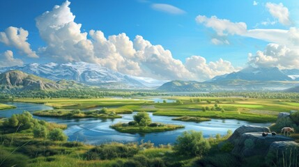 Sunny spring morning on meadow near river. Scenic rural landscape. Spring sunny background