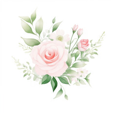 watercolor illustration pink, red, white Rose flower and green leaves. Florist bouquet, International Women's Day, Mother's Day, wedding flowers.